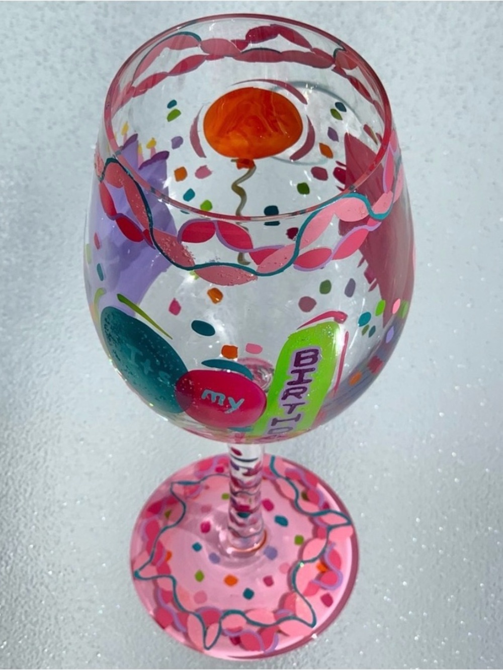 Lolita Pink & Multicolor It’s My Birthday Hand Painted Wine Glass - Picture 5 of 6